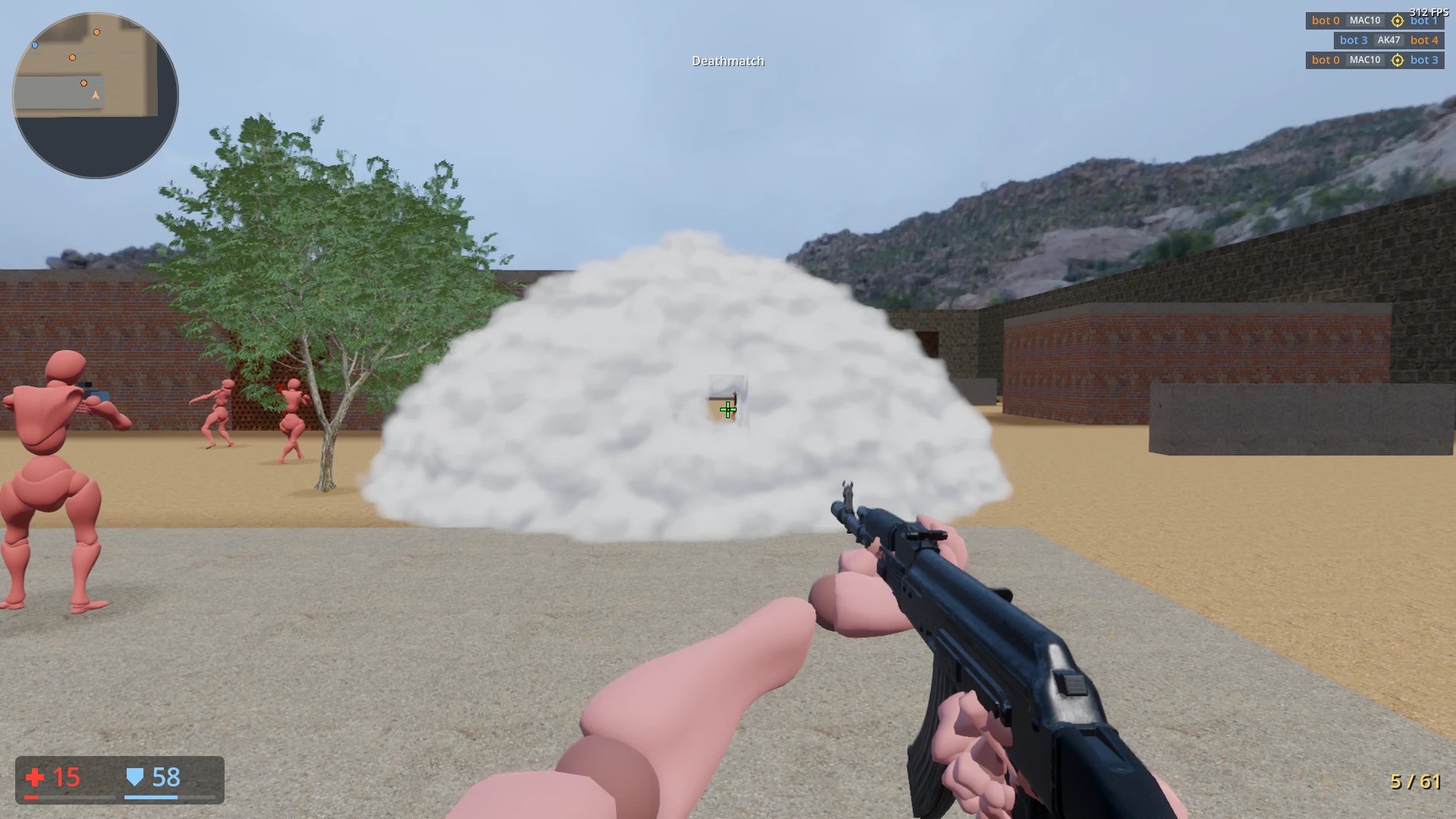 Bullets cutting a tunnel through a smoke cloud